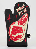 Black oven mitt with red and white design of a piece of meat and 'meat mitt' text on a white background