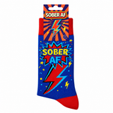 Blue and red sock with 'Sober AF' text and packaging on a white background