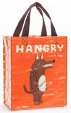 Orange lunch bag with a cartoon wolf design and 'Hangry' text on a white background