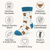 Kids cosy and soft Highland Cow Socks by Doris & Dude, UK size 9–12