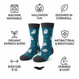 Kids soft and spooky Ghost Socks, by Doris & Dude, size UK 9–12