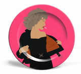 Decorative plate with a stylized illustration of a Sandra Dee from Grease on a pink background