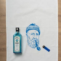 White tea towel - fisherman - blue