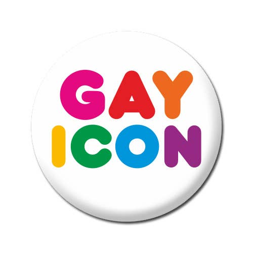 A brilliant white badge, with the words 'Gay icon' in a simple, rounded font that displays alternating colours of the rainbow.