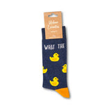 What The Duck Socks blue crew socks with yellow rubber ducks below white text which says what the