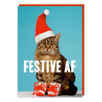 A Christmas card with a festive picture of a miserable looking cat wearing a santa hat and red booties. Bold white text in front reads Festive AF.