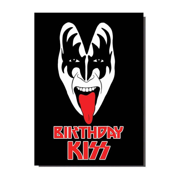 Birthday Kiss Greeting Card shows jean simmons with tongue out in classic Kiss pose agains a black background  the text says birthday kiss 