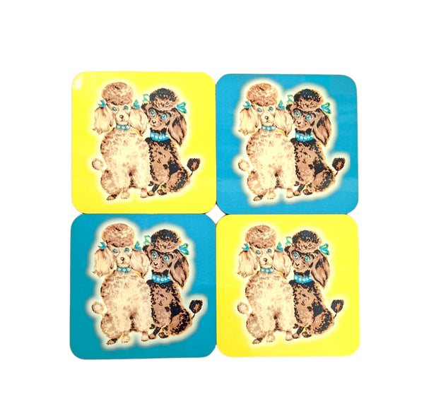1950s kitsch poodles coaster set of four - yellow and aqua blue