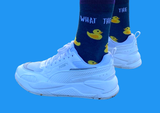 What The Duck Socks blue crew socks with yellow rubber ducks below white text which says what the