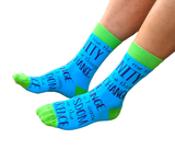 Serenity Prayer socks blue and dark blue text with green detail