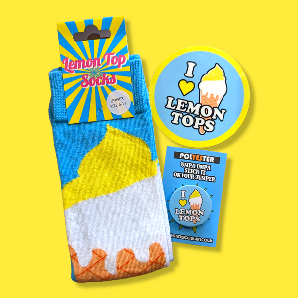 Redcar lemon top socks, pin badge and coaster bundle