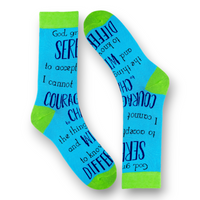 Serenity Prayer socks blue and dark blue text with green detail (flat lay image)