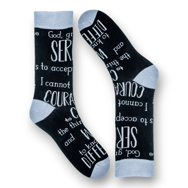 Serenity Prayer socks black & grey (flat lay image)
