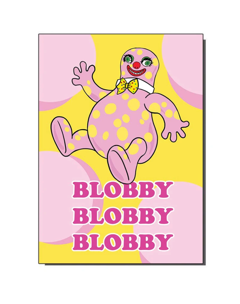 Blobby Blobby Blobby Greeting Card Mr Blobby on a yellow and pink background 