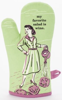 My Favourite Salad Is Wine Oven Mitt by BlueQ - green oven mitt with a retro 1950s style image of a woman watering her cabbage patch