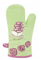 My Favourite Salad Is Wine Oven Mitt by BlueQ - green oven mitt - reverse - with a retro 1950s style image of a wheel barrow full of bottles of wine