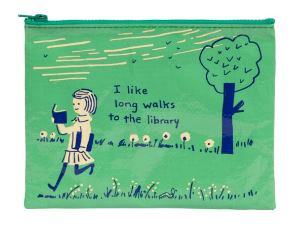 I Like Long Walks to the Library Zipper Pouch - green pouch with a quirky cartoon illustration of a girl 