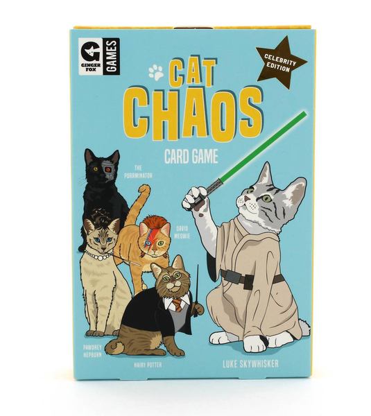 shows Cat Chaos card game from front (slim blue box with cat cartoons on the front)

 

