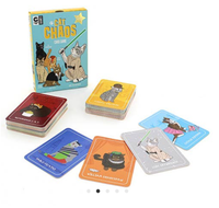 shows Cat Chaos card game with cards in piles around the box     