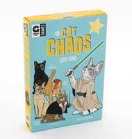 shows Cat Chaos card game from front (slim blue box with cat cartoons on the front)     