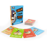 Calm Your Tits game - shows the box with some of the cards laid flat in front of it. Colourful and fun images