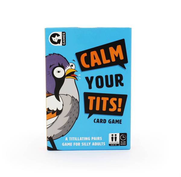 Calm Your Tits game - shows the front of the box which shows a cartoon bird and bold writing 