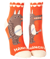 Hangry Ankle Socks. Red aocks with white cuffs showing a funny cartoon bear holding a knife and fork