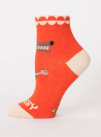Hangry Ankle Socks. Red aocks with white cuffs showing a funny cartoon bear holding a knife and fork. Side view 
