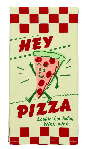 Hey Pizza Tea Towel shows cartoon character pizza slice