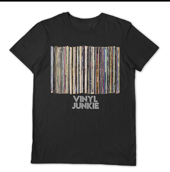 Vinyl Junkie black t shirt.