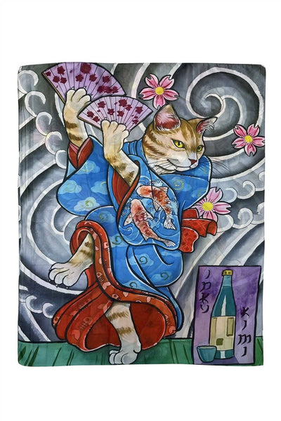 Japanese Cat Geisha Print Silk Scarf