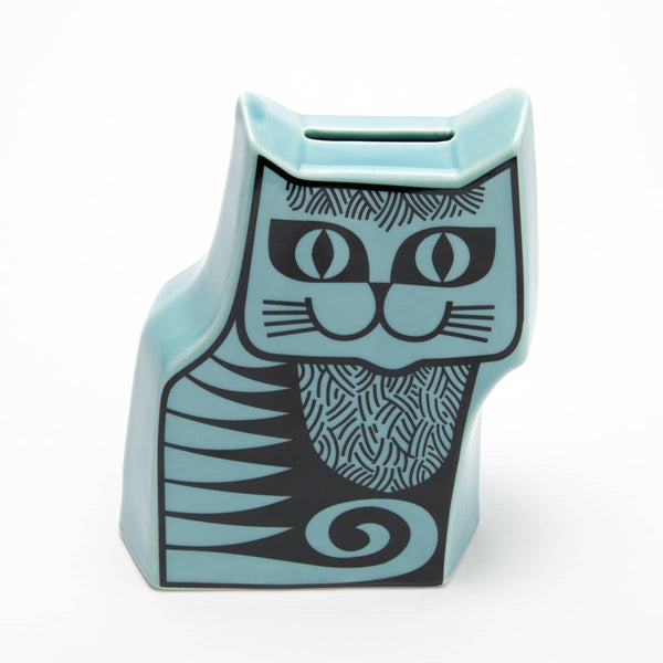 Hornsea Cat shaped Moneybox in teal - a cat shaped double-sided hornsea cat in blue with the design in black