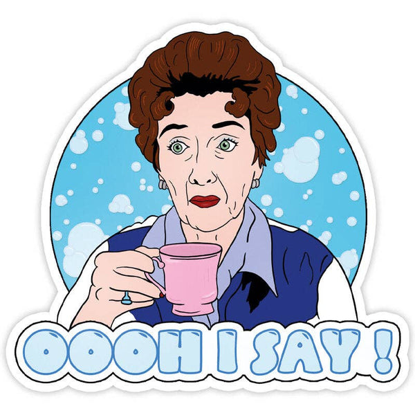 Oooh I Say Vinyl Sticker featuring Dot Cotton with a cup of tea