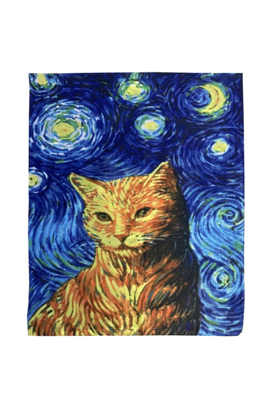  Starry Night Cat Print Silk Scarf