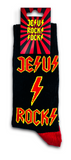 Jesus Rocks Socks - photo shows a pair of black socks with Jesus Rocks in ACDC style font in red with yellow outline and matching Christian fish (shows socks in packaging with printed overrider)