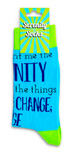 Serenity Prayer socks blue and dark blue text with green detail (shows socks in packaging with printed overrider)